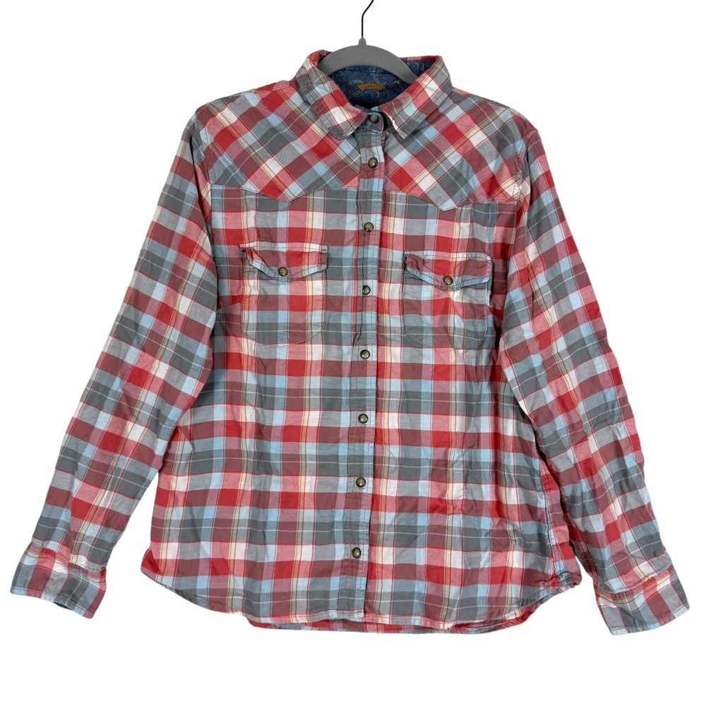 Jack's Girlfriend Shirt Womens Large Red Gray Plaid Snap Front Flannel Western